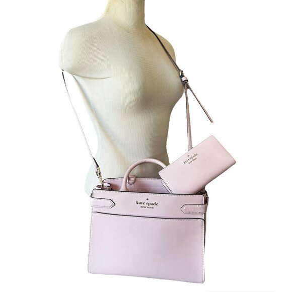 Kate Spade Staci Medium Satchel & Staci Large Slim Bifold Wallet Chalk Pink - Picture 3 of 17